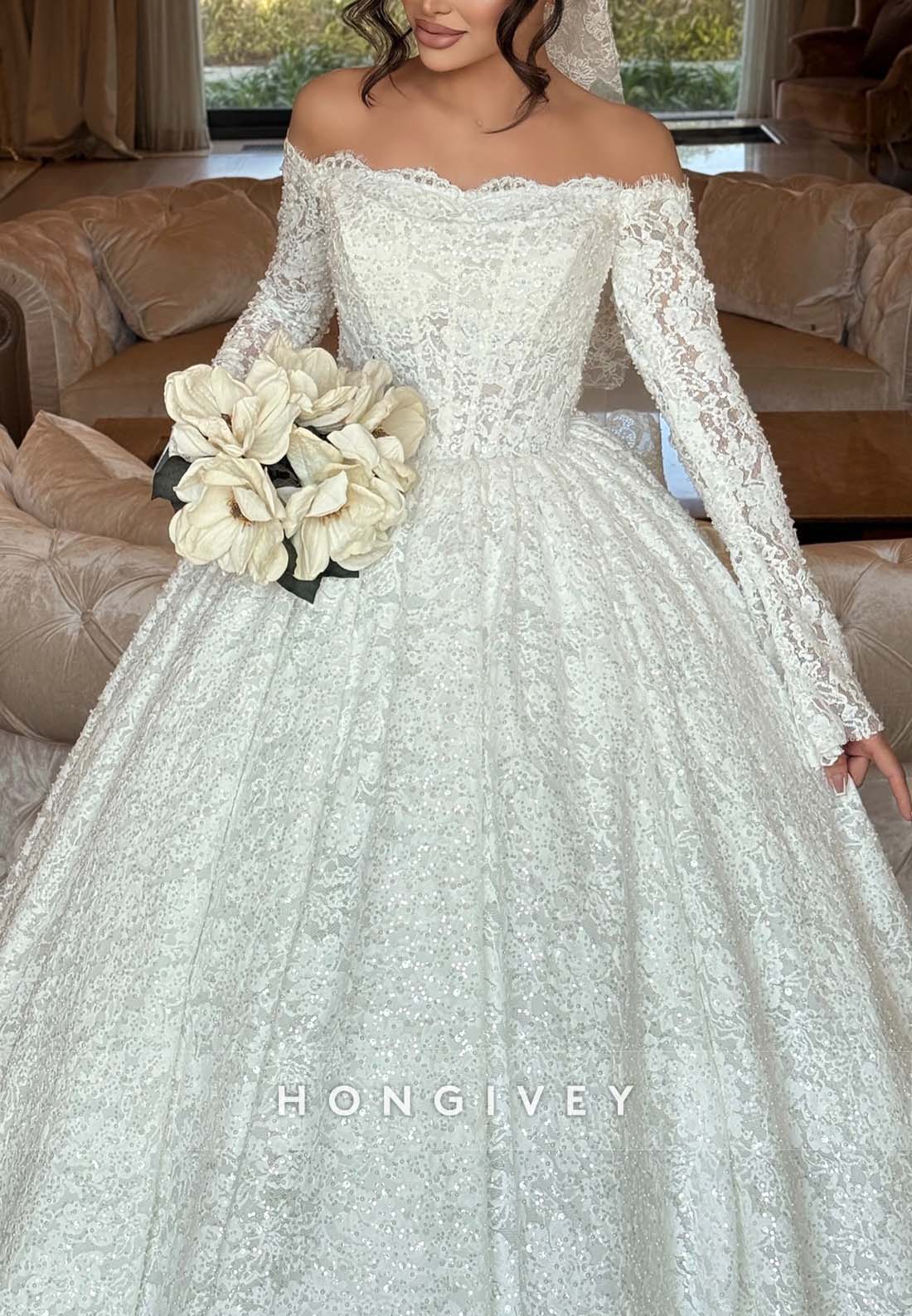 Lace Off the Shoulder Princess Long Sleeves Court Train Wedding Dresses