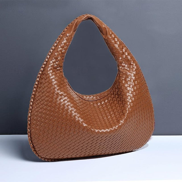 Chic Burgundy Hobo Woven Leather Bag Faux