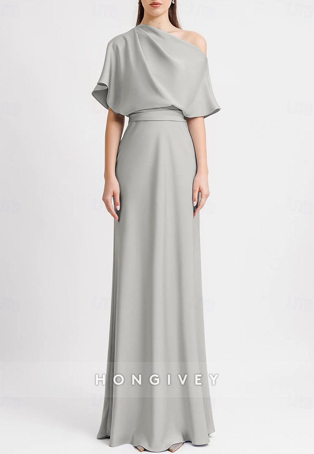 Simple Wedding Guest Dresses Sheath Floor-Length One Shoulder Flutter Sleeves Pleated Evening Gown