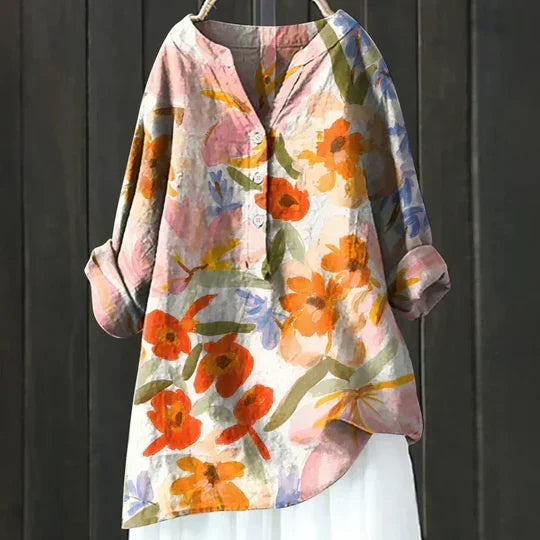Floral Crane Print Button Long Sleeve Blouse 2