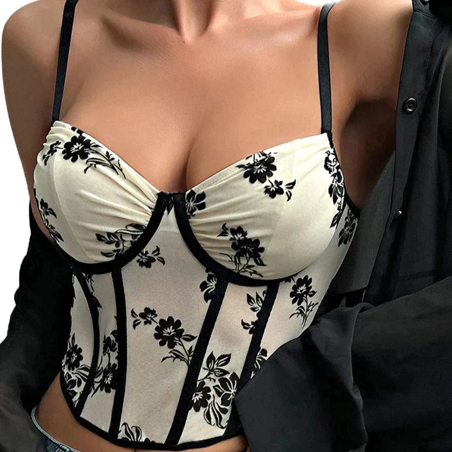 KittenAlarm - Hadley Spaghetti Strap Floral Corset Top