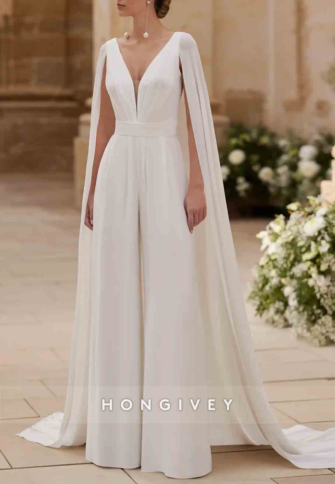 V Back Jumpsuit V-Neck Cloak Sleeveless Pleated  Wedding Dresses