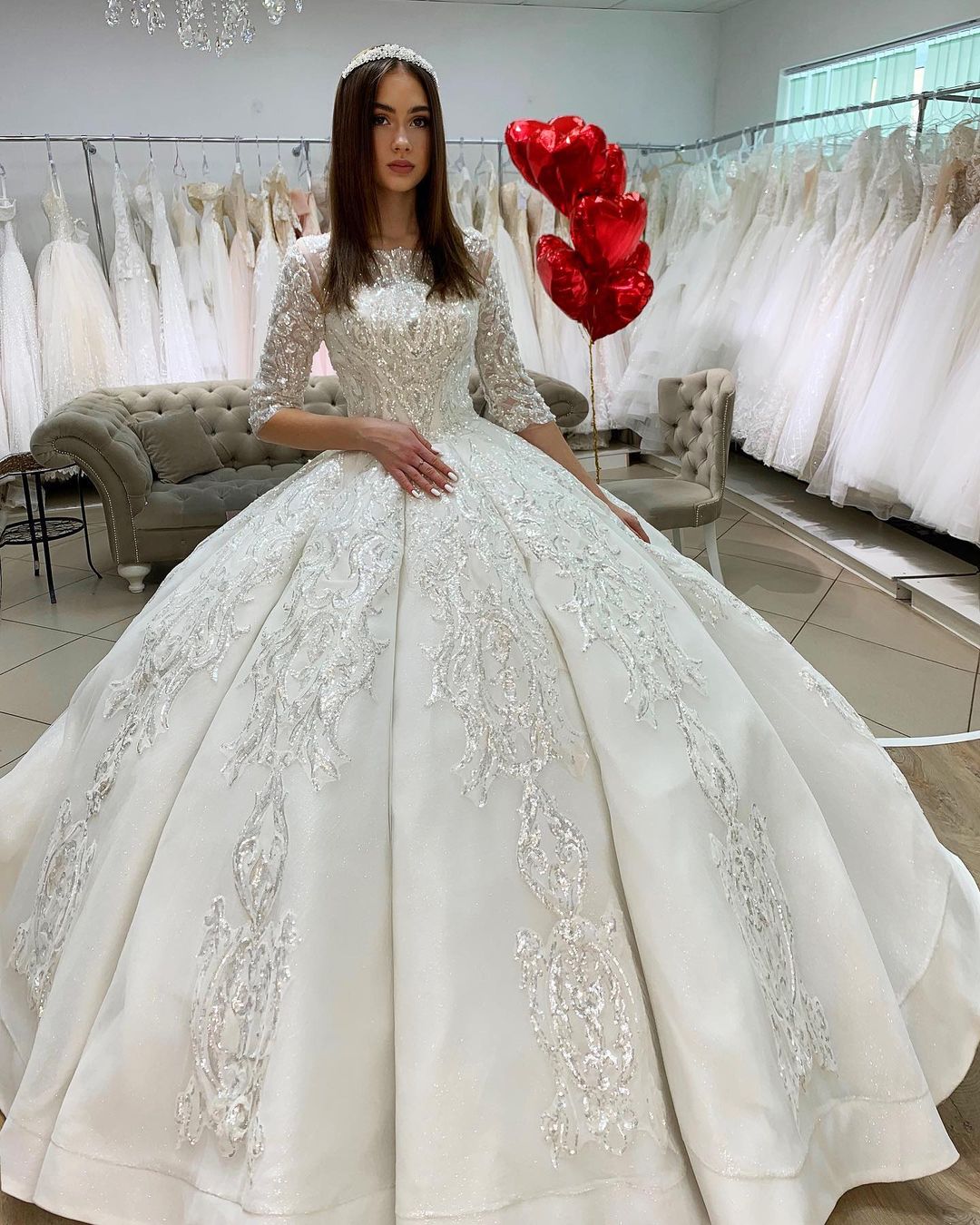 Half Sleeves Applqiues Ball Gown Wedding Dress - Fashionpara