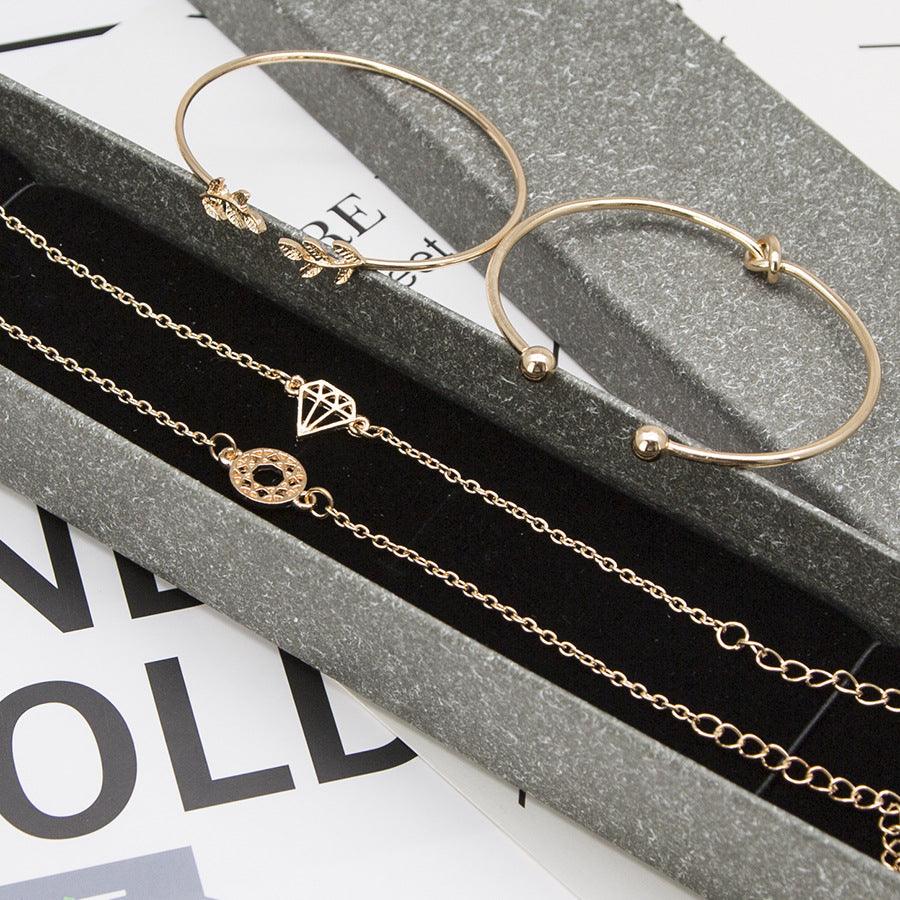 KittenAlarm - Halle 4 Pcs Bohemian Leaves Knot Round Chain Gold Bracelet Set