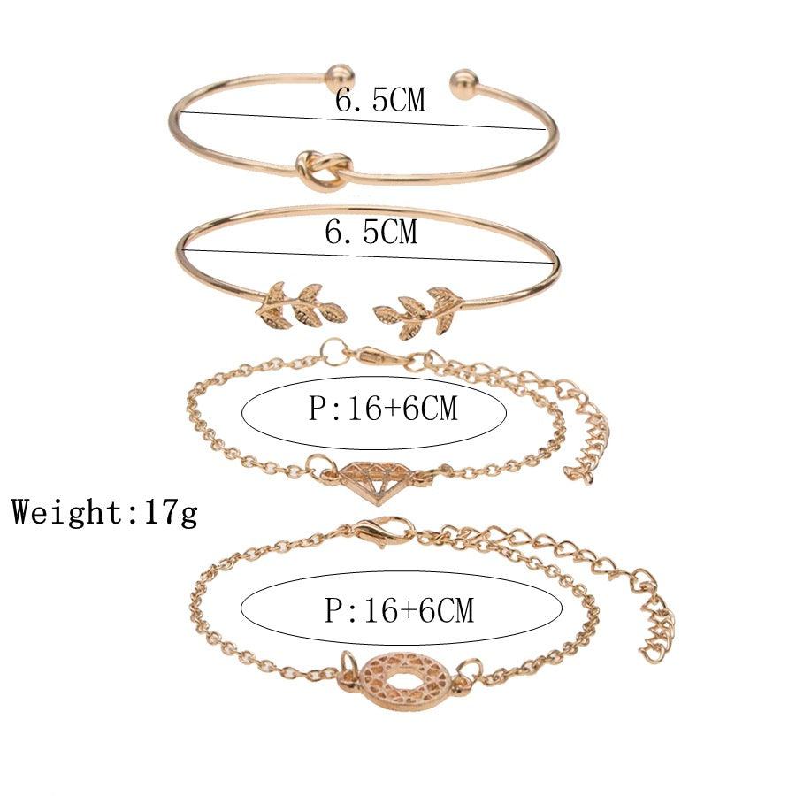 KittenAlarm - Halle 4 Pcs Bohemian Leaves Knot Round Chain Gold Bracelet Set