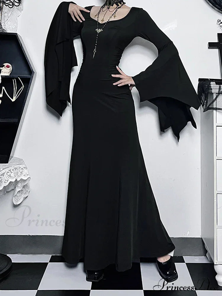 Halloween Sheath Witch Vintage Batwing Sleeve V Neck Long Mermaid Formal Evening Dress