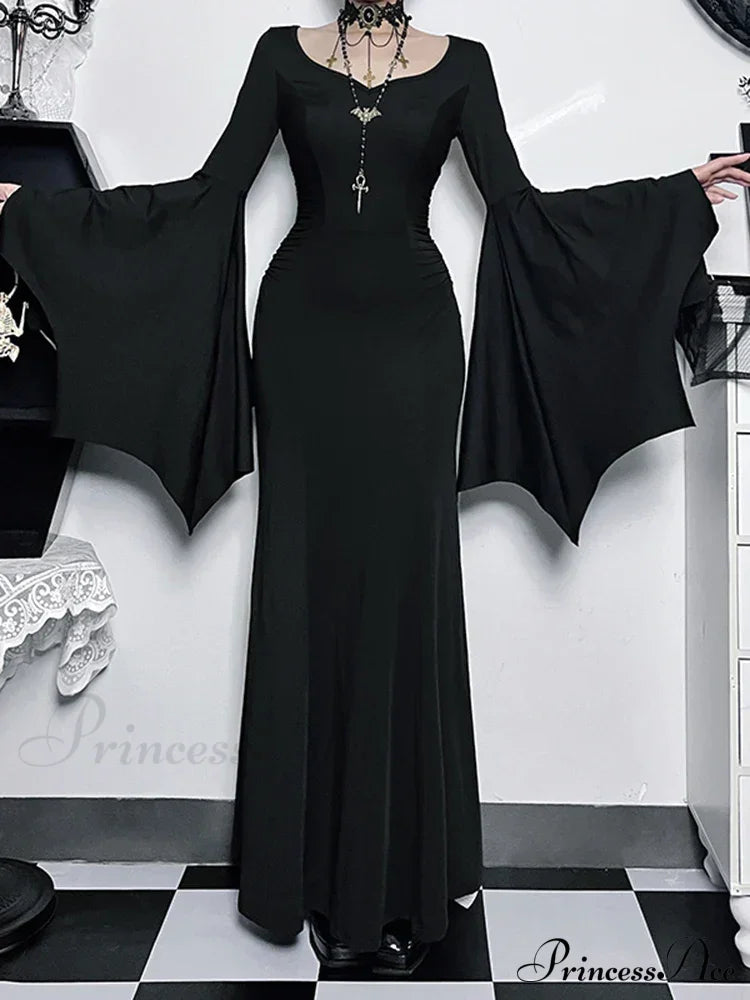 Halloween Sheath Witch Vintage Batwing Sleeve V Neck Long Mermaid Formal Evening Dress