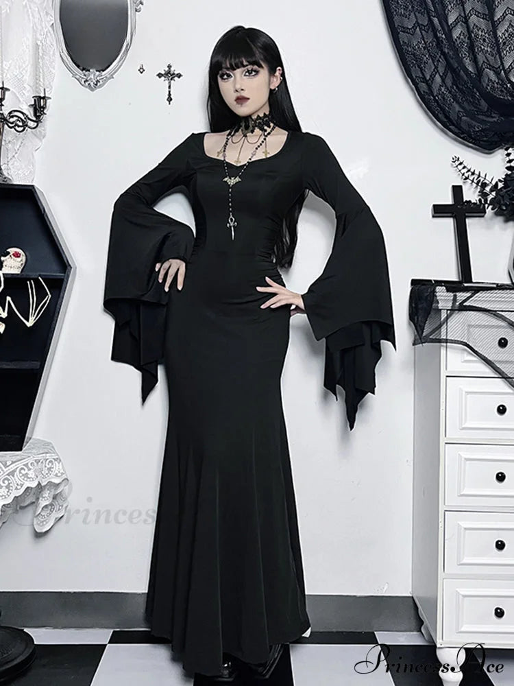 Halloween Sheath Witch Vintage Batwing Sleeve V Neck Long Mermaid Formal Evening Dress