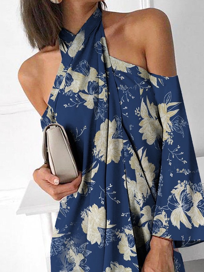 Floral Print Off Shoulder Long Sleeve Shift Dress
