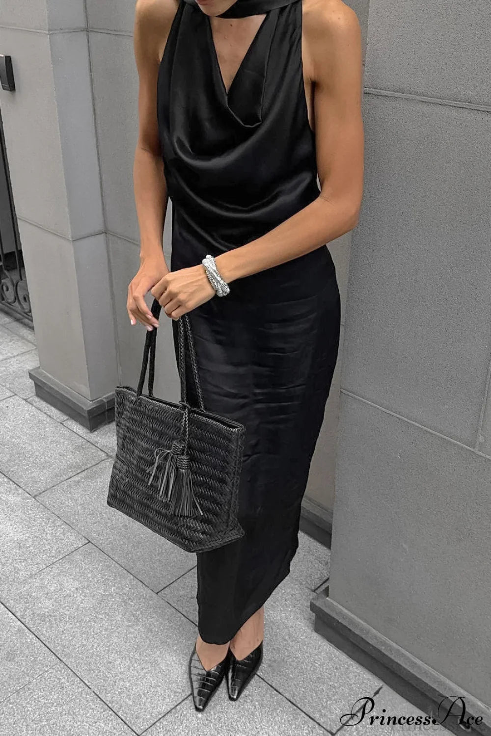 Halter Draped Satin Curvy Maxi Dress