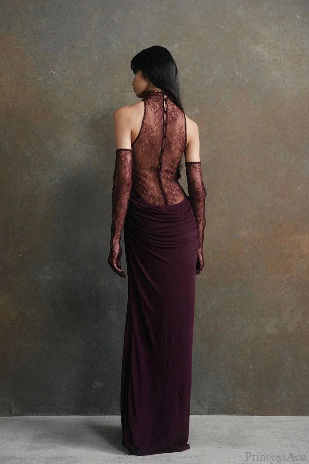 Lace High Neck Backless Draped Maxi Gown