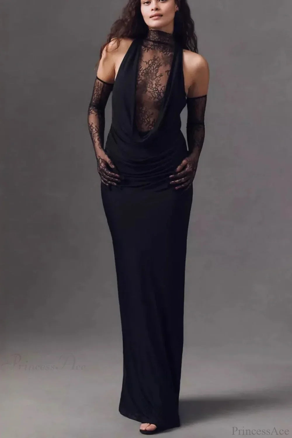 Lace High Neck Backless Draped Maxi Gown