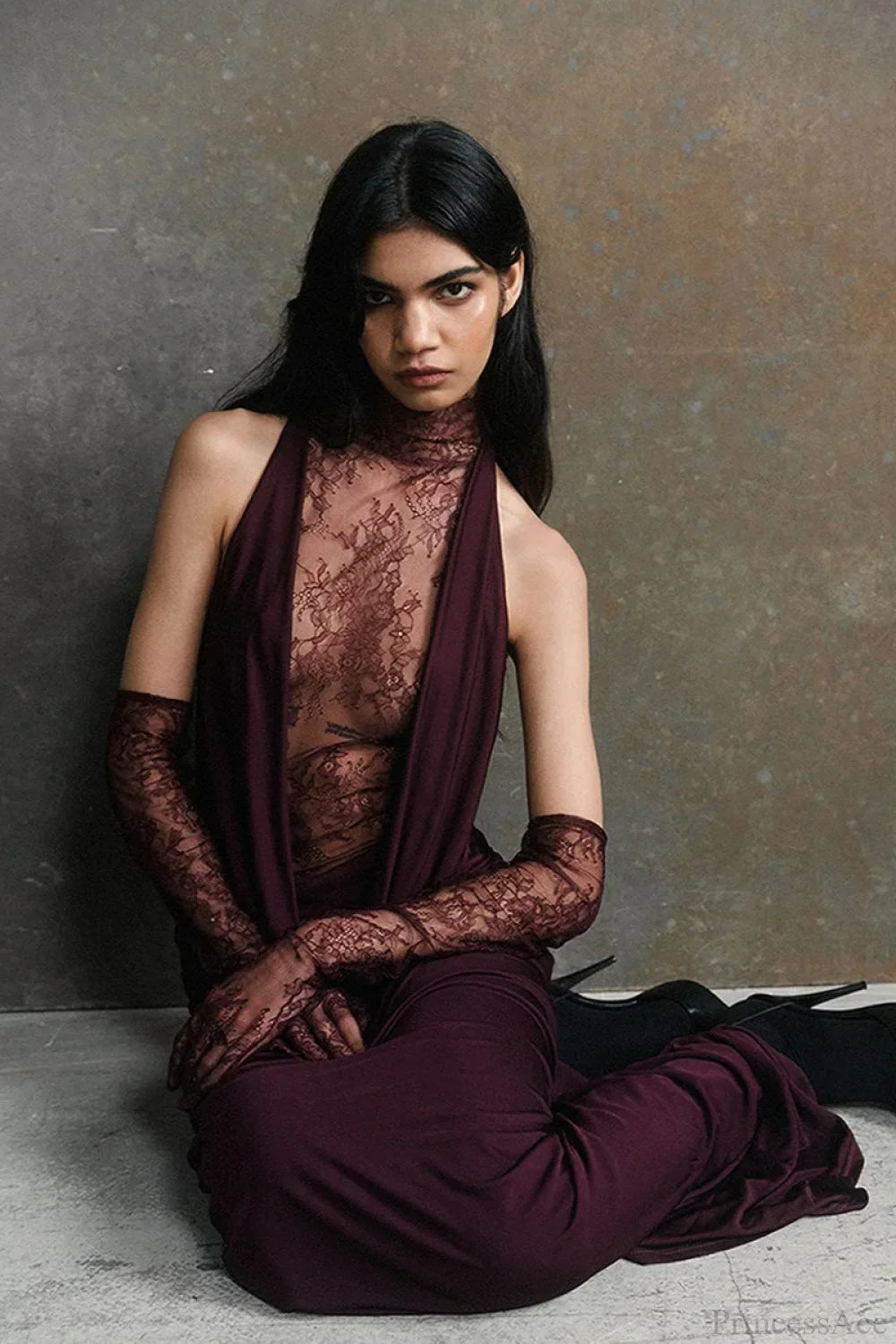 Lace High Neck Backless Draped Maxi Gown