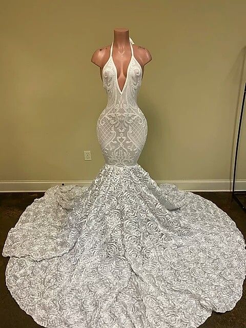 Halter Mermaid Prom Dress Long With Flowers Bottom - Fashionpara