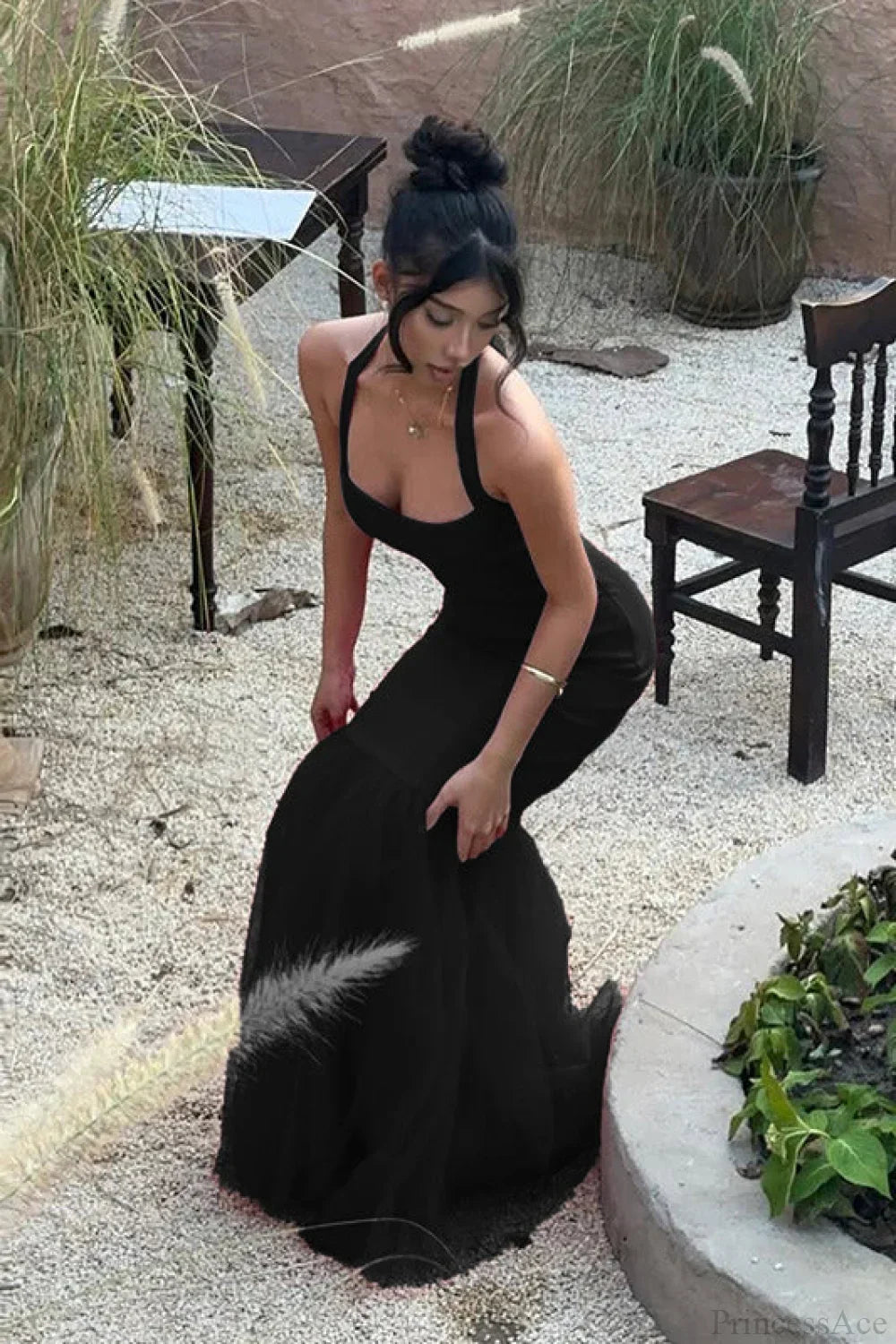 Satin Halter Neck Tulle Mermaid Gown