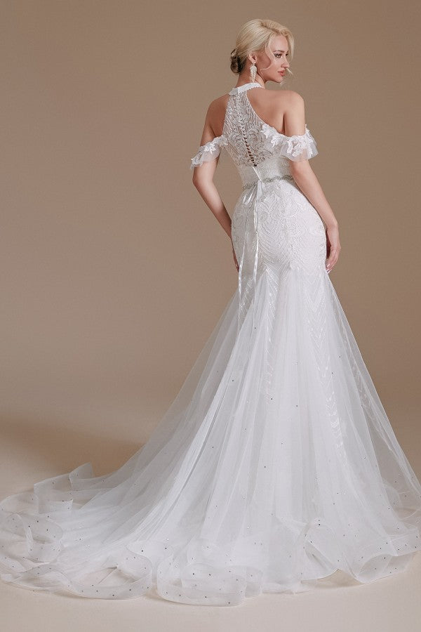 Halter V-Neck Mermaid Lace Wedding Dress Long On Sale - Fashionpara