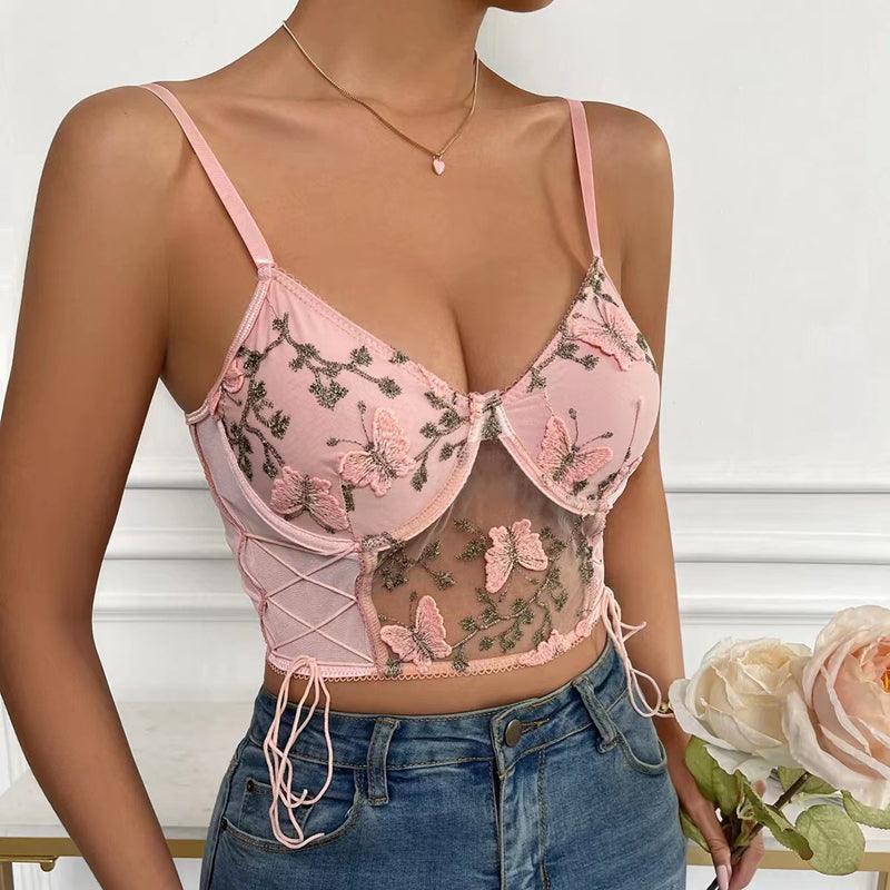 KittenAlarm - Hanna Floral & Butterfly Embroidered Tank Top