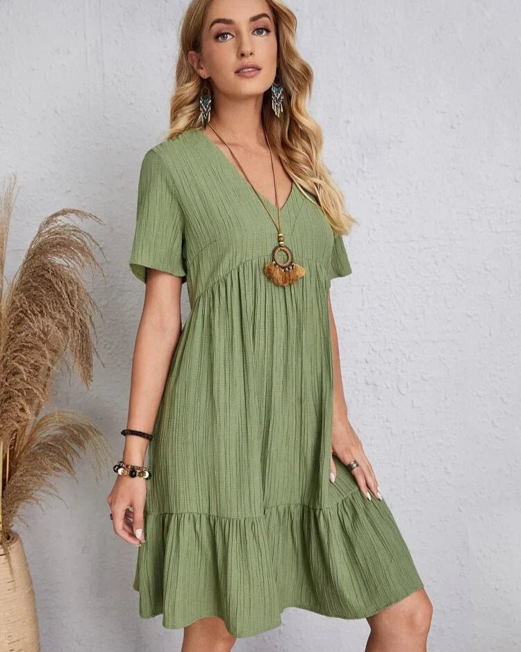 V-Neck Lace Trim Crinkle Texture Short Sleeve Mini Dress - View 11