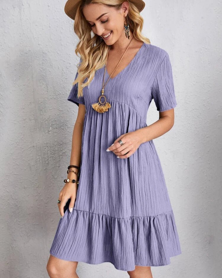 V-Neck Lace Trim Crinkle Texture Short Sleeve Mini Dress - View 15