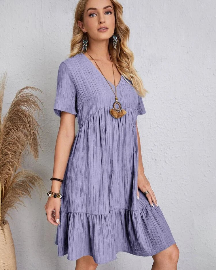 V-Neck Lace Trim Crinkle Texture Short Sleeve Mini Dress - View 14