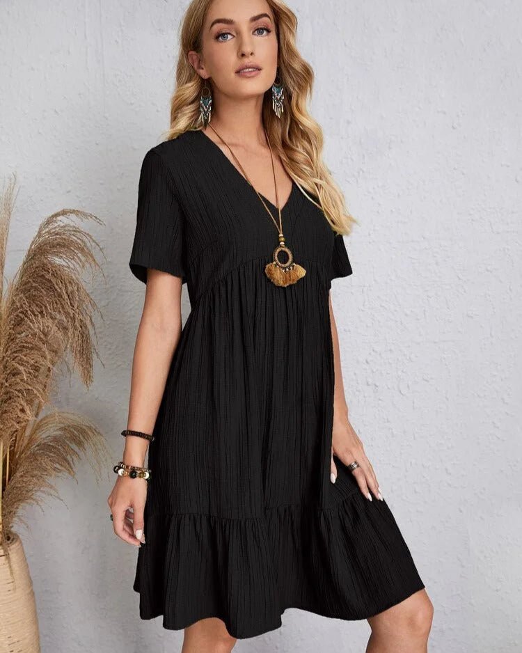 V-Neck Lace Trim Crinkle Texture Short Sleeve Mini Dress - View 8