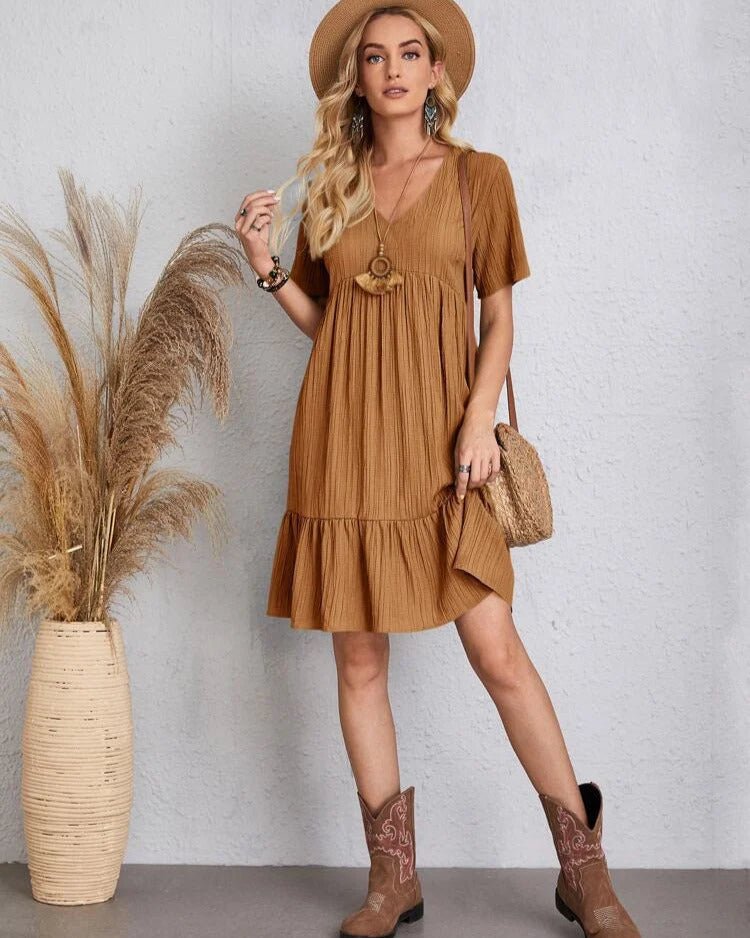 V-Neck Lace Trim Crinkle Texture Short Sleeve Mini Dress - View 23
