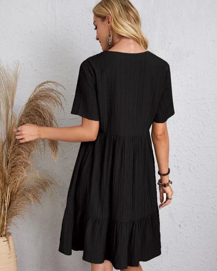 V-Neck Lace Trim Crinkle Texture Short Sleeve Mini Dress - View 9
