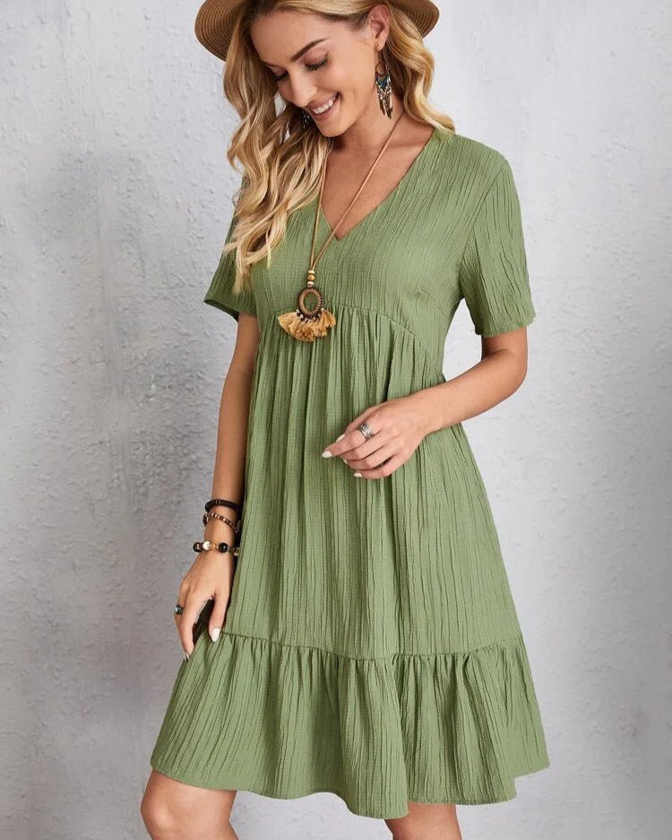 V-Neck Lace Trim Crinkle Texture Short Sleeve Mini Dress - View 10