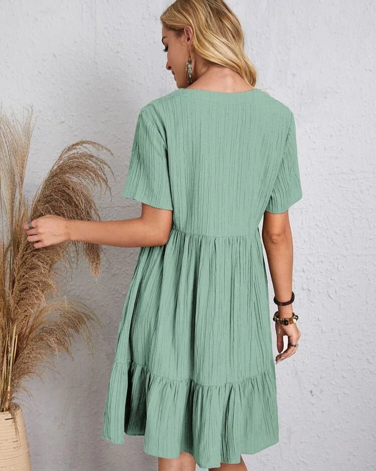 V-Neck Lace Trim Crinkle Texture Short Sleeve Mini Dress - View 21