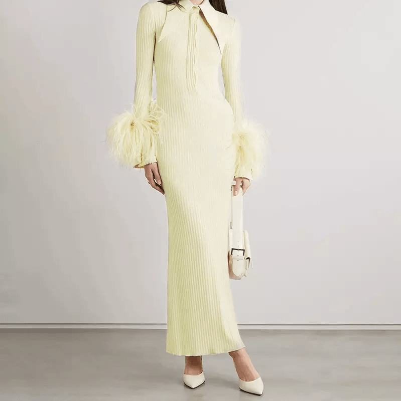 Ribbed Feather Cuff Long Sleeve Bodycon Maxi Dress