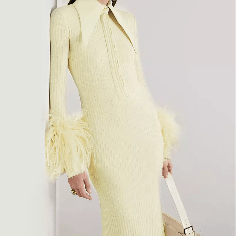 Ribbed Feather Cuff Long Sleeve Bodycon Maxi Dress