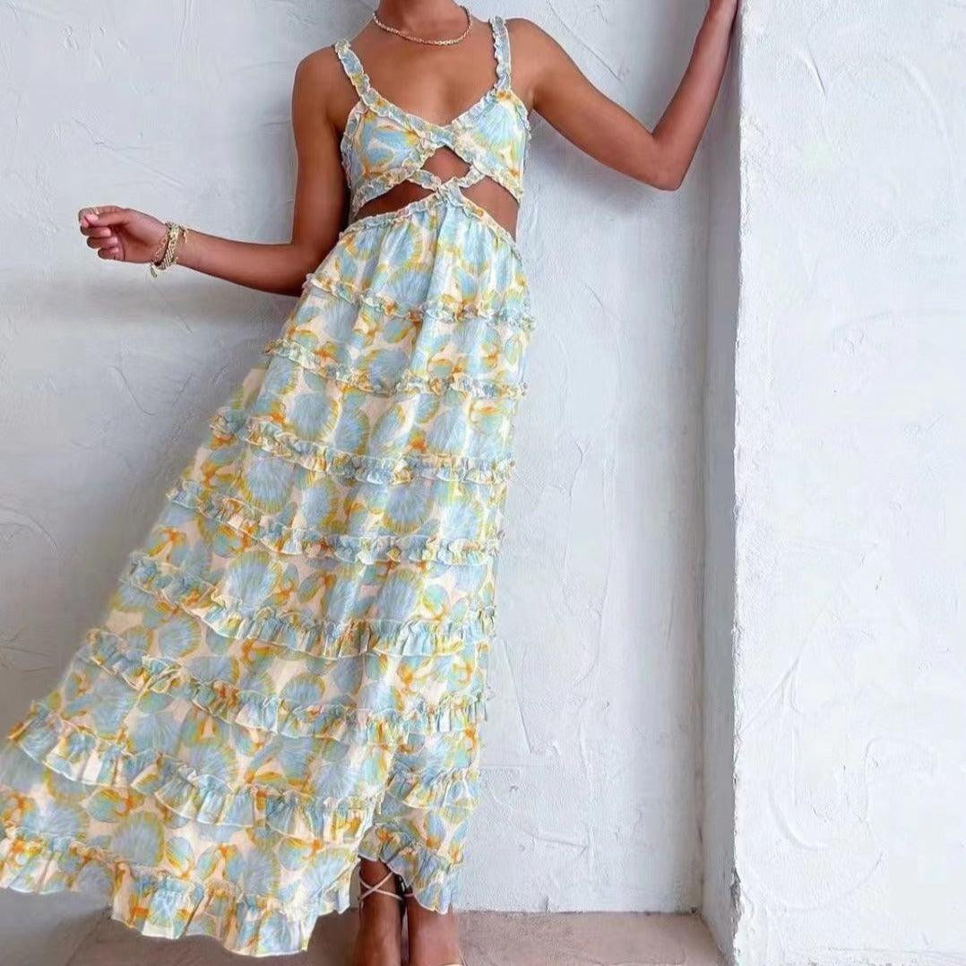Floral Print Cut Out Tiered Ruffle Maxi Dress