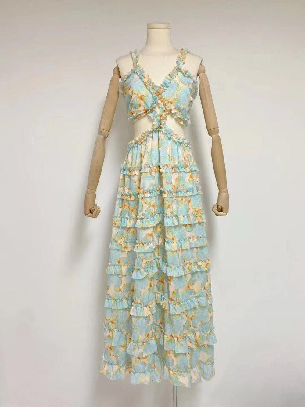 Floral Print Cut Out Tiered Ruffle Maxi Dress