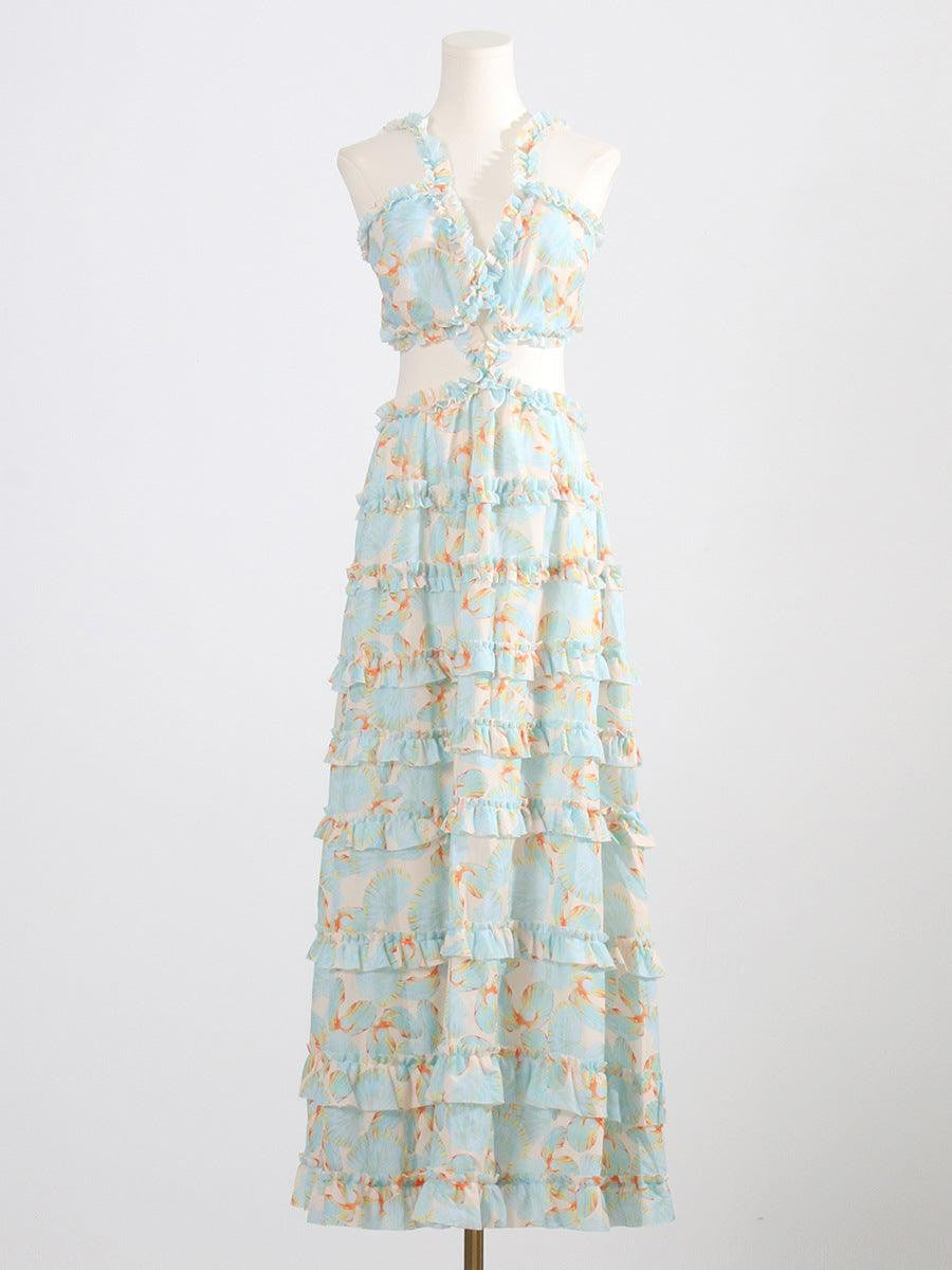 Floral Print Cut Out Tiered Ruffle Maxi Dress