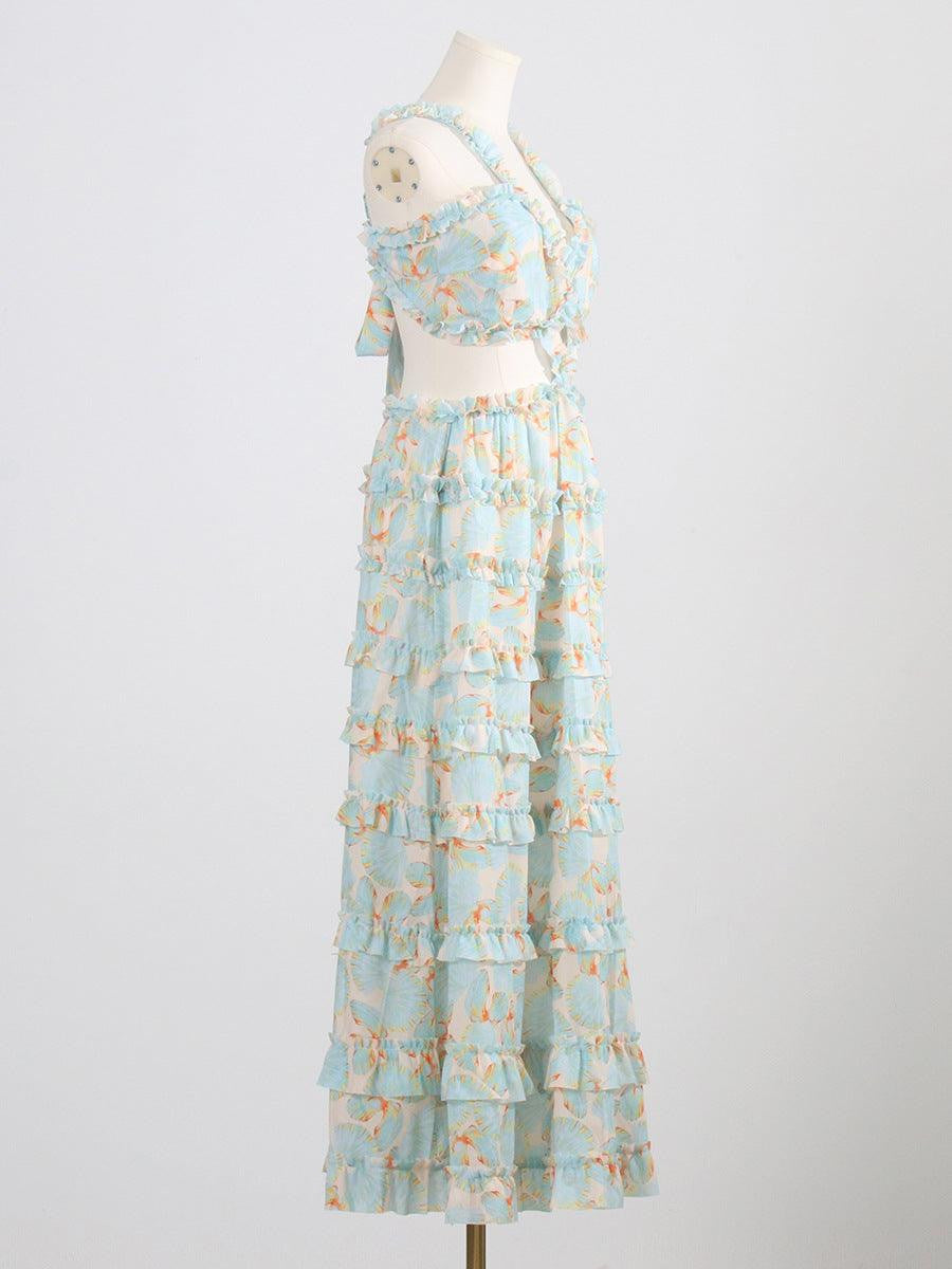 Floral Print Cut Out Tiered Ruffle Maxi Dress