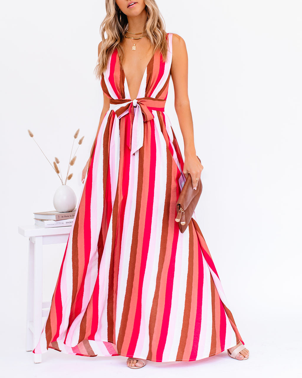 Striped Plunge V-Neck Sleeveless Wide Leg Jumpsuit