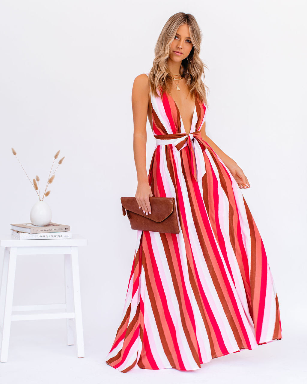 Striped Plunge V-Neck Sleeveless Wide Leg Jumpsuit
