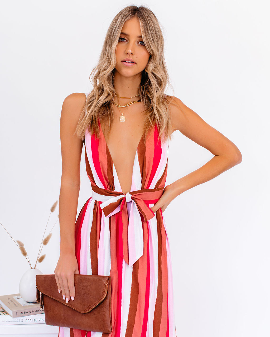 Striped Plunge V-Neck Sleeveless Wide Leg Jumpsuit