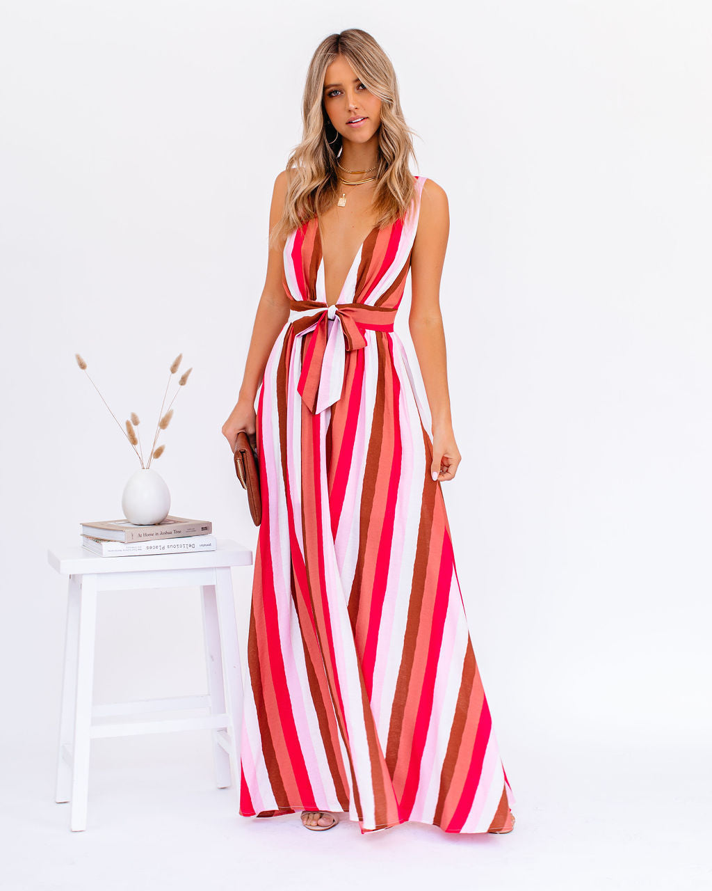 Striped Plunge V-Neck Sleeveless Wide Leg Jumpsuit