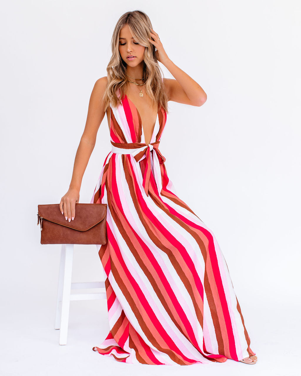 Striped Plunge V-Neck Sleeveless Wide Leg Jumpsuit
