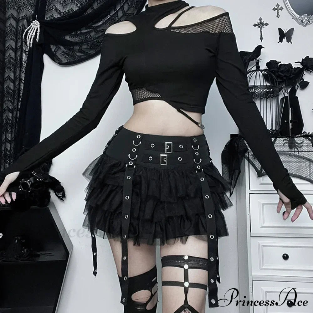 Harajuku Gothic Dark Women CyberY2k E-girl Streetwear Hip Hop Eyelet Ribbons Mesh Patchwork Cake Skirt