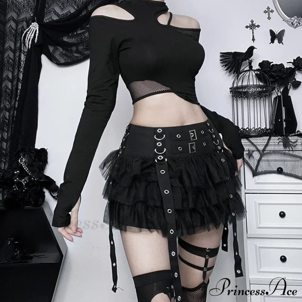 Harajuku Gothic Dark Women CyberY2k E-girl Streetwear Hip Hop Eyelet Ribbons Mesh Patchwork Cake Skirt