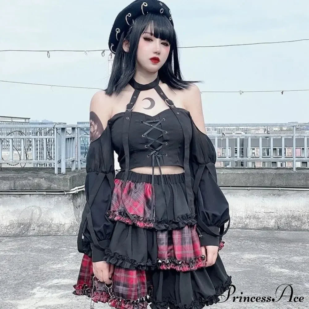 Harajuku Dark A-line Petticoat Skirt with Red Plaid Detail