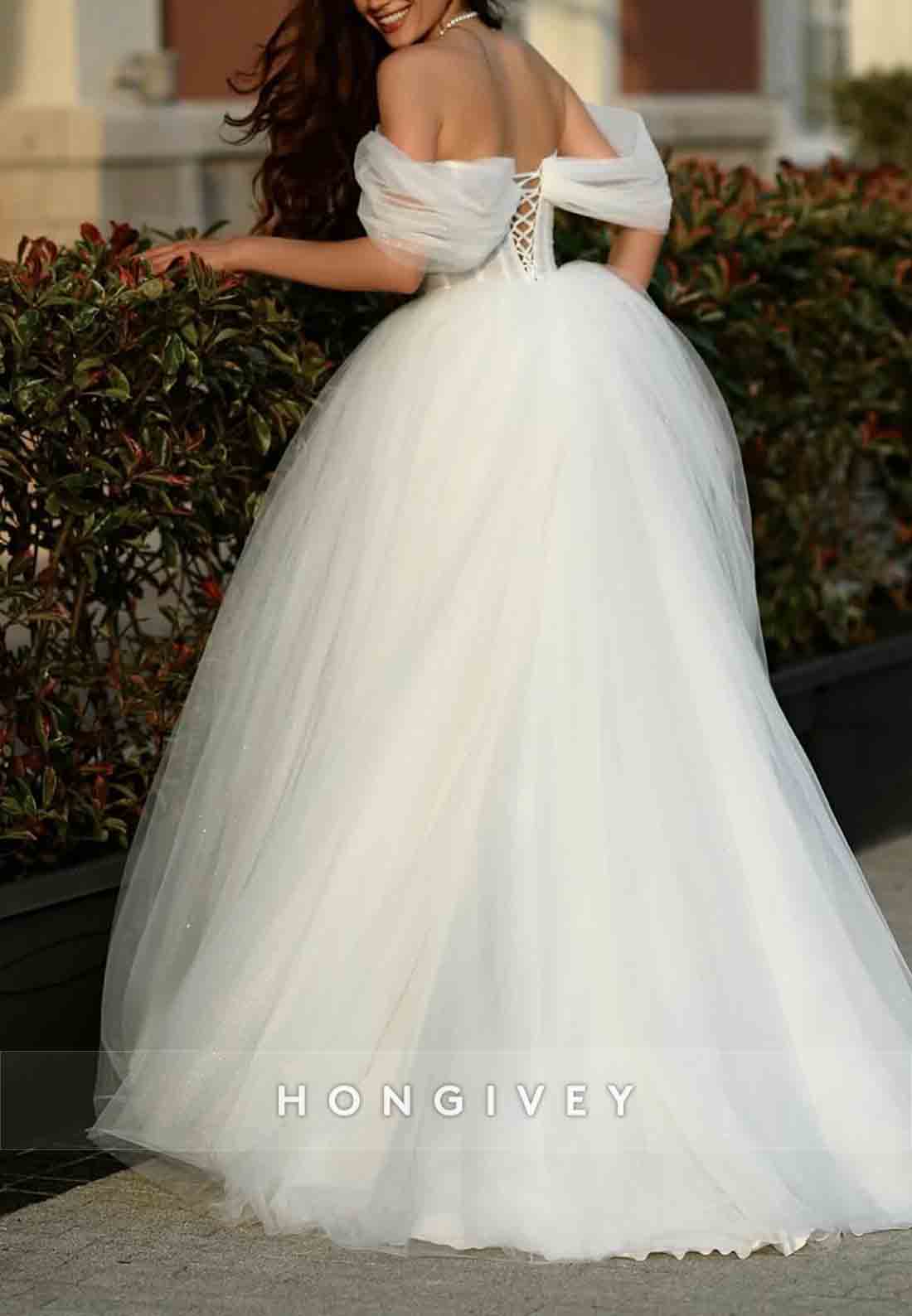 Low Back Off the Shoulder Tulle Floor-Length Princess Wedding Dresses