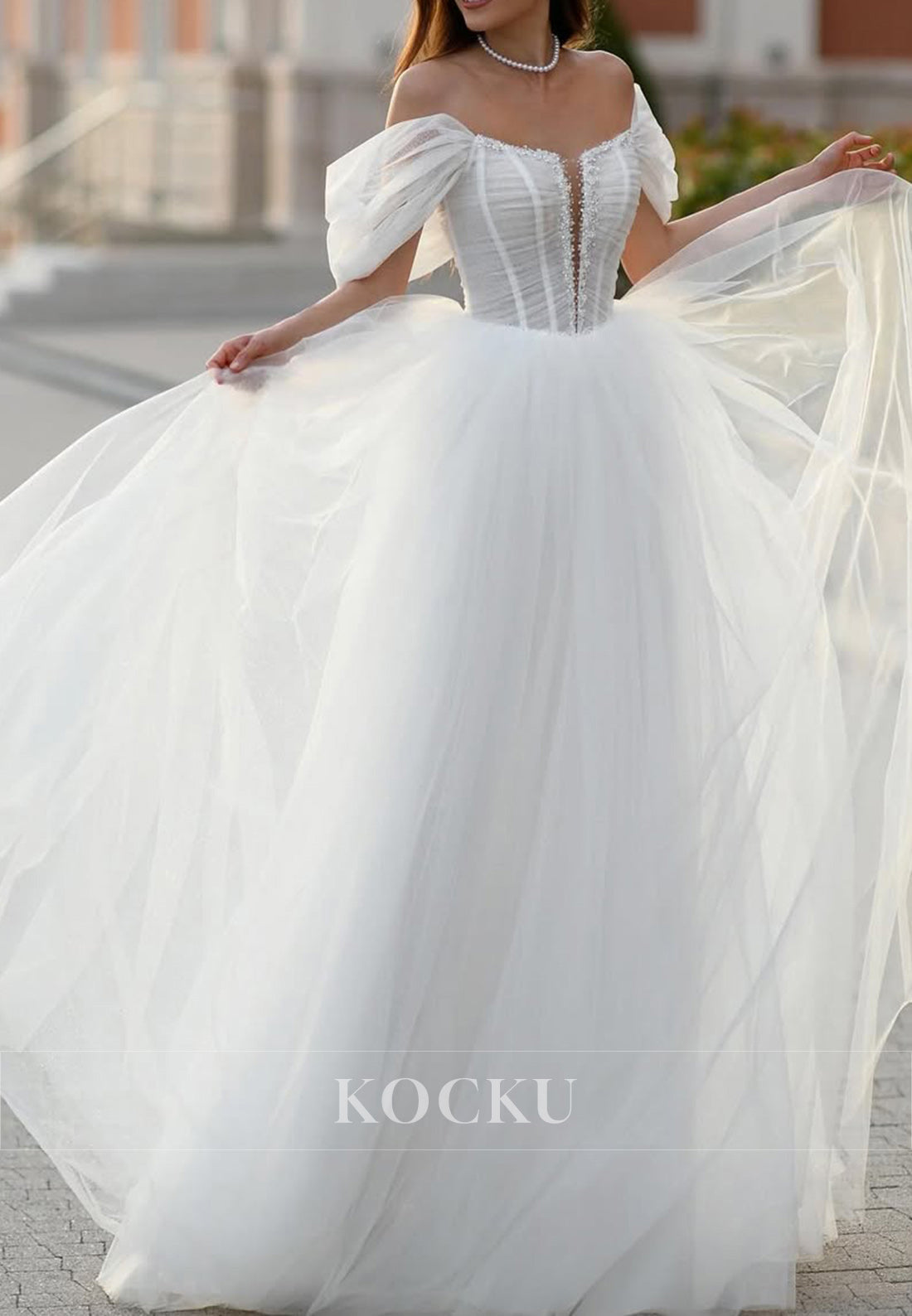 Off - Shoulder Tulle Ball Gown Wedding Dress with Sheer Bodice & Lace - Up Back