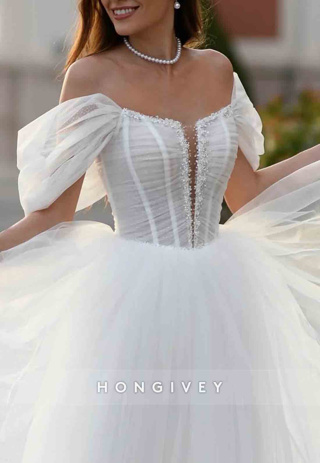 Low Back Off the Shoulder Tulle Floor-Length Princess Wedding Dresses