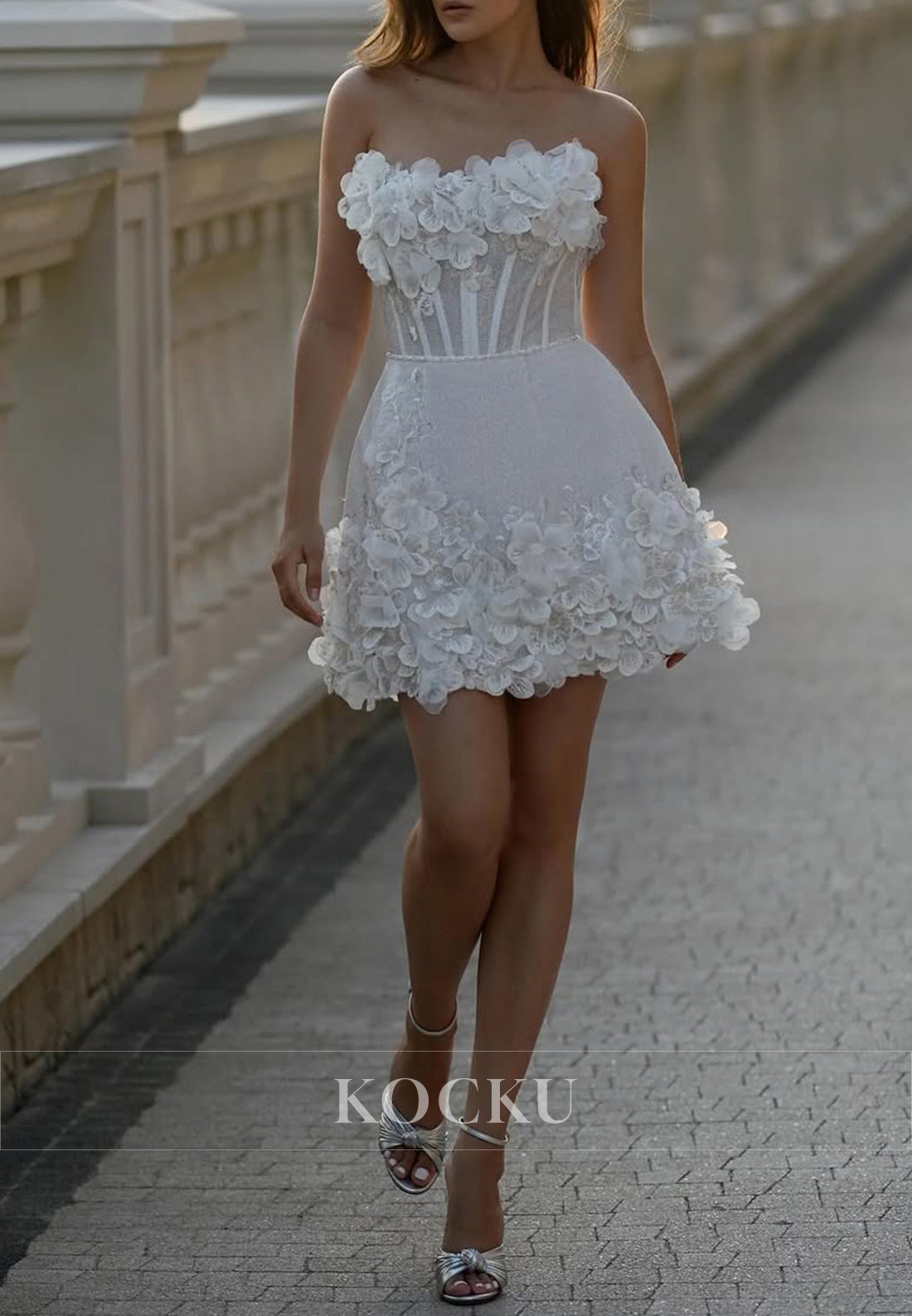 Strapless Short Wedding Dress with 3D Floral Appliqués & Lace - Up Back
