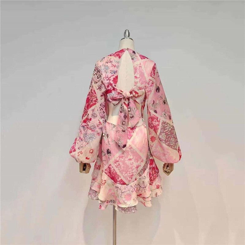 Paisley Print Plunge Neck Puff Sleeve Ruffle Mini Dress
