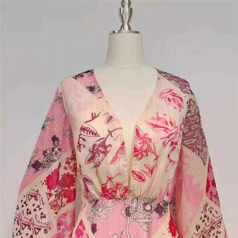 Paisley Print Plunge Neck Puff Sleeve Ruffle Mini Dress
