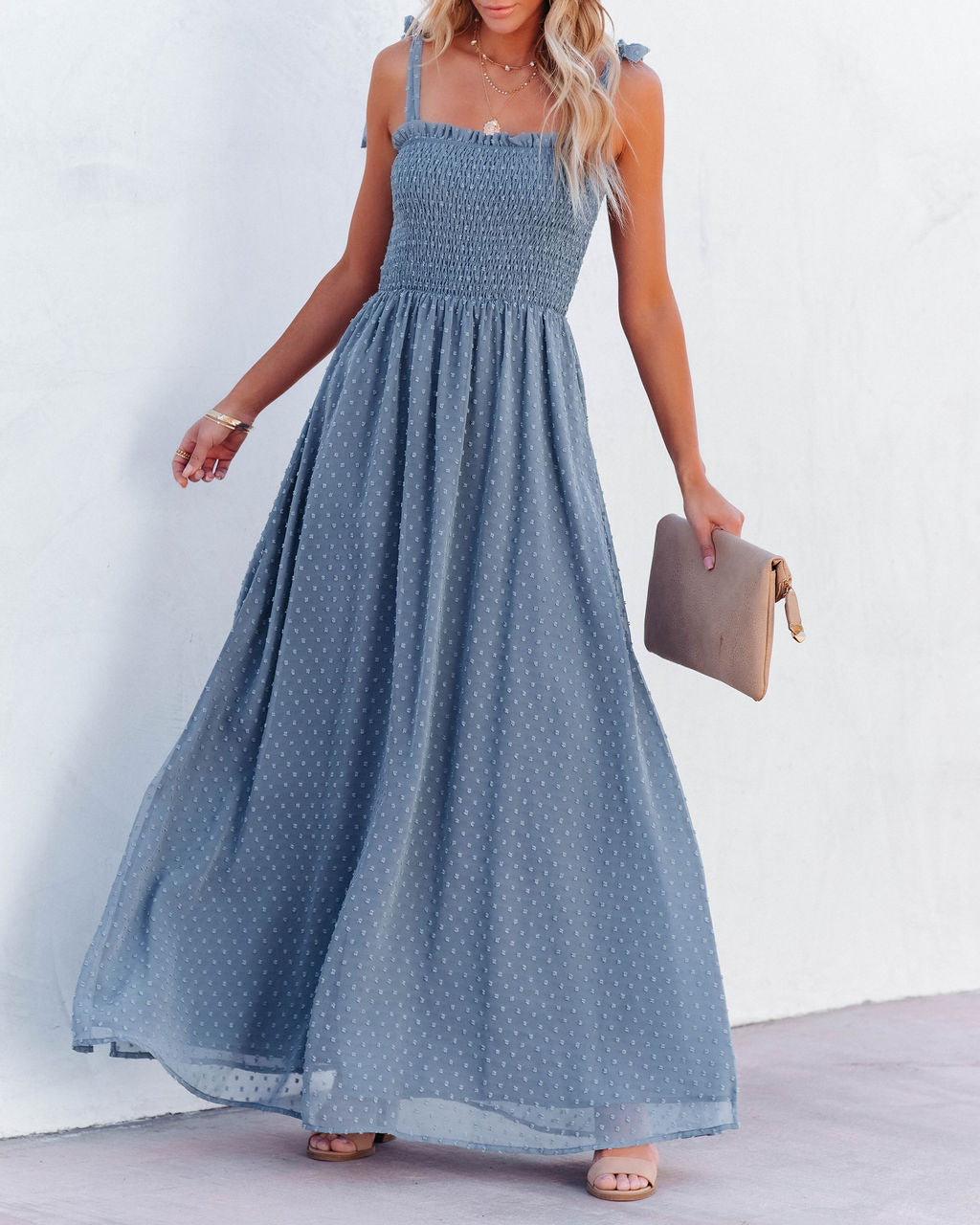 Swiss Dot Square Neck Smocked Tie Strap Slit Maxi Dress